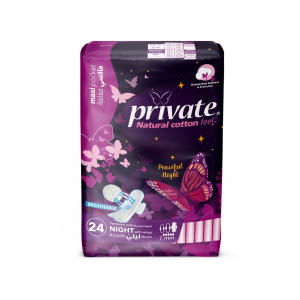 PRIVATE NATURAL COTTON MAXI POCKET NIGHT BREATHABLE FEMININE PADS — 24 FEMININE PADS WITH WINGS